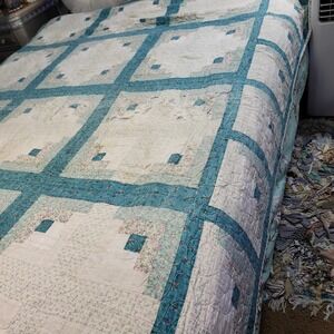 Handmade Log Cabin‎ Quilt Floral Patchwork Bedding Teal Blue White Full Size